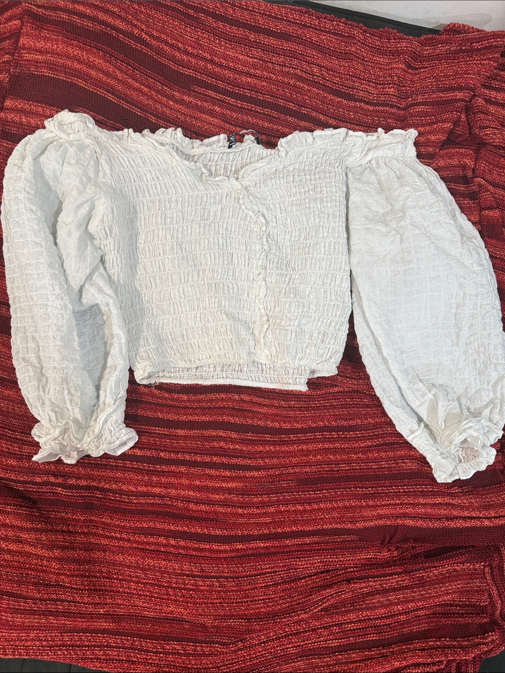 Zara White Smocked Off-Shoulder Puff Sleeve Top